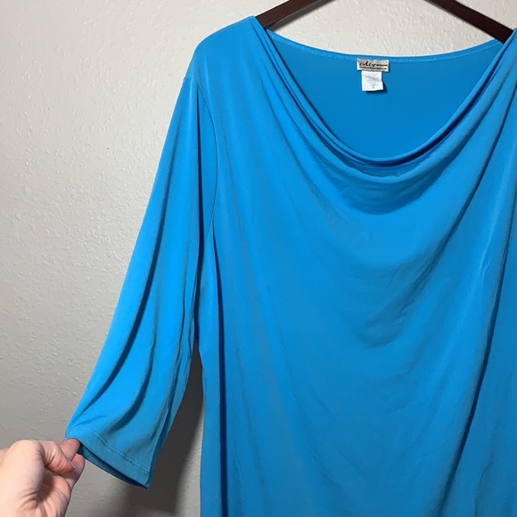 Creative Design Works Inc. sky blue draping cowl neck 3/4 sleeve Silky blouse 3X - Picture 4 of 6